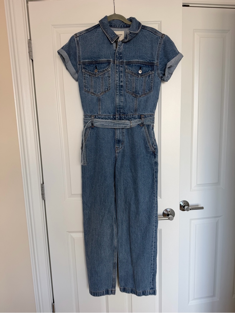 Abercrombie & Fitch Denim Belted Jumpsuit in Blue